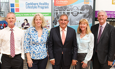 Three men and two woman standing in front of banners at the launch of the Cockburn Healthy Lifestyle Program